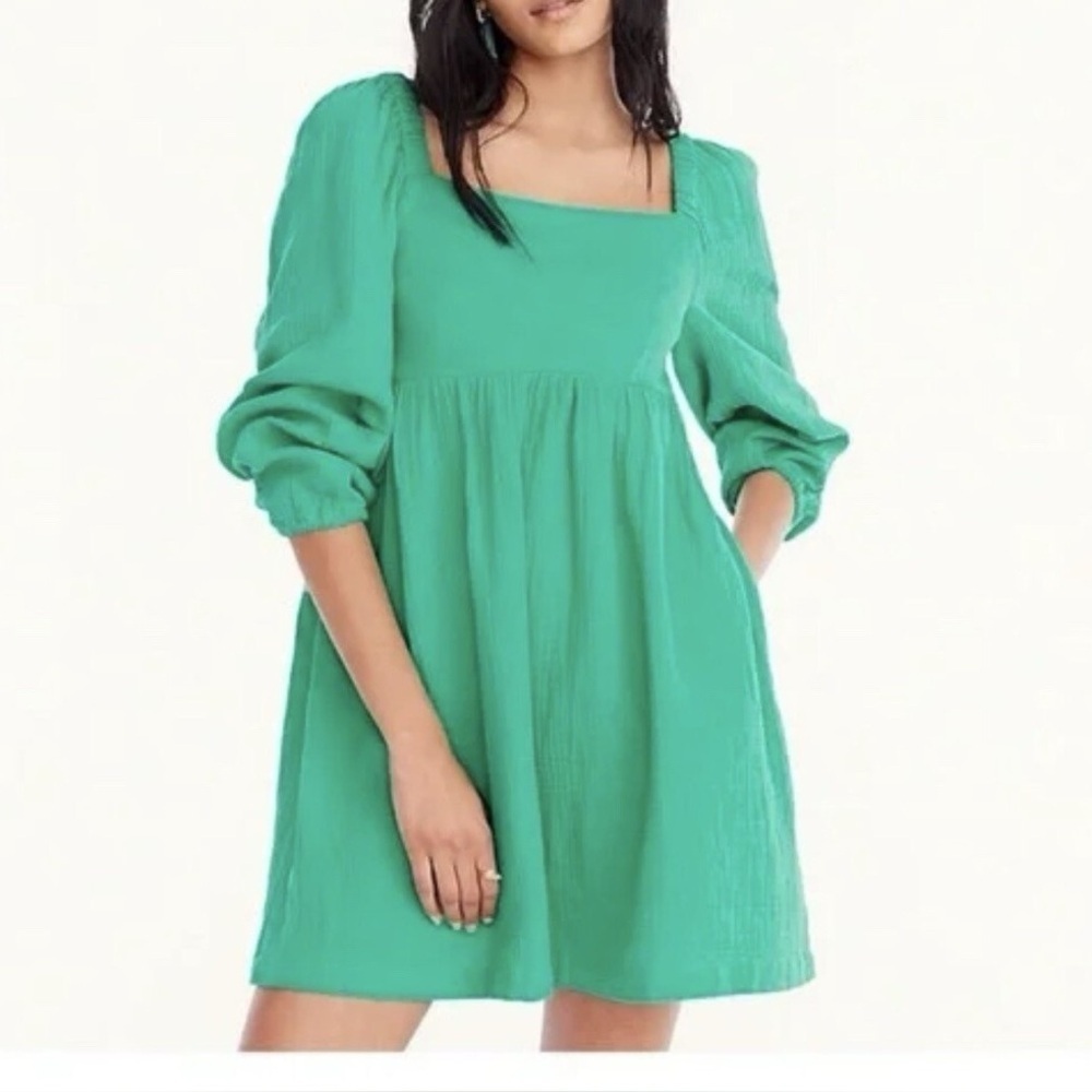 J.Crew Square Neck Puff Sleeve Gauze Mini Dress Green